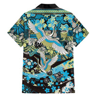 Japanese Hawaiian Crane Family Matching Off The Shoulder Long Sleeve Dress and Hawaiian Shirt Blue Tapa Patchwork Pattern