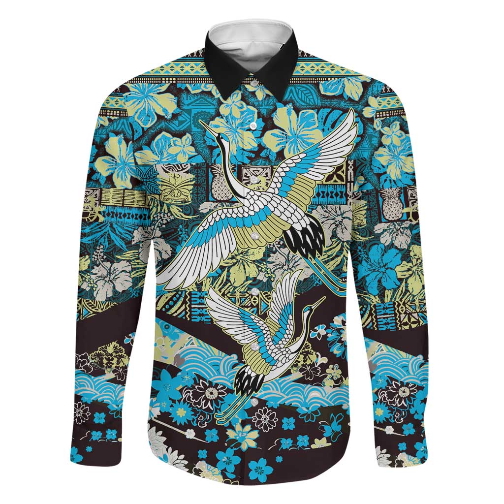 Japanese Hawaiian Crane Family Matching Off The Shoulder Long Sleeve Dress and Hawaiian Shirt Blue Tapa Patchwork Pattern