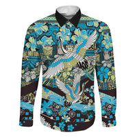 Japanese Hawaiian Crane Family Matching Off The Shoulder Long Sleeve Dress and Hawaiian Shirt Blue Tapa Patchwork Pattern