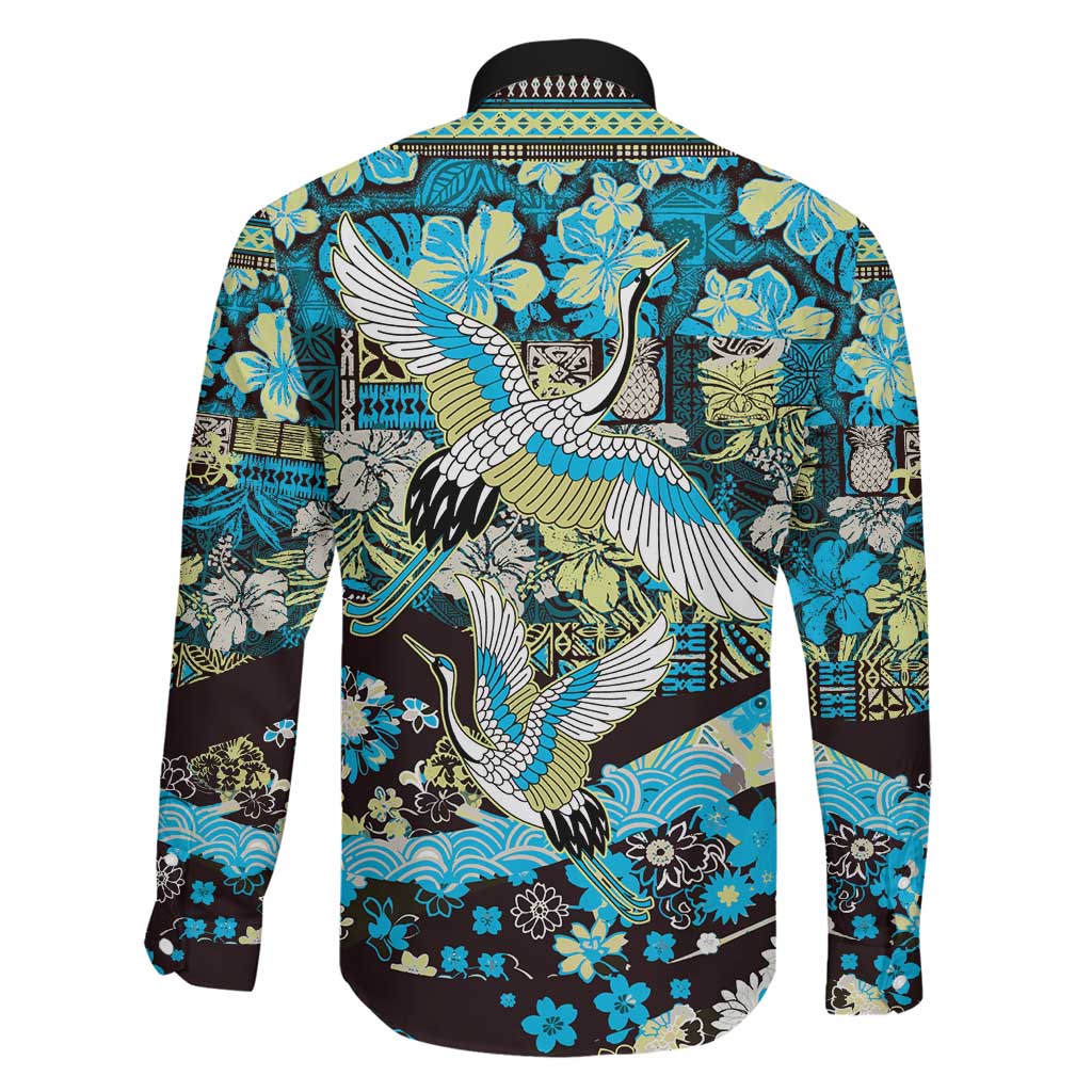 Japanese Hawaiian Crane Family Matching Off The Shoulder Long Sleeve Dress and Hawaiian Shirt Blue Tapa Patchwork Pattern