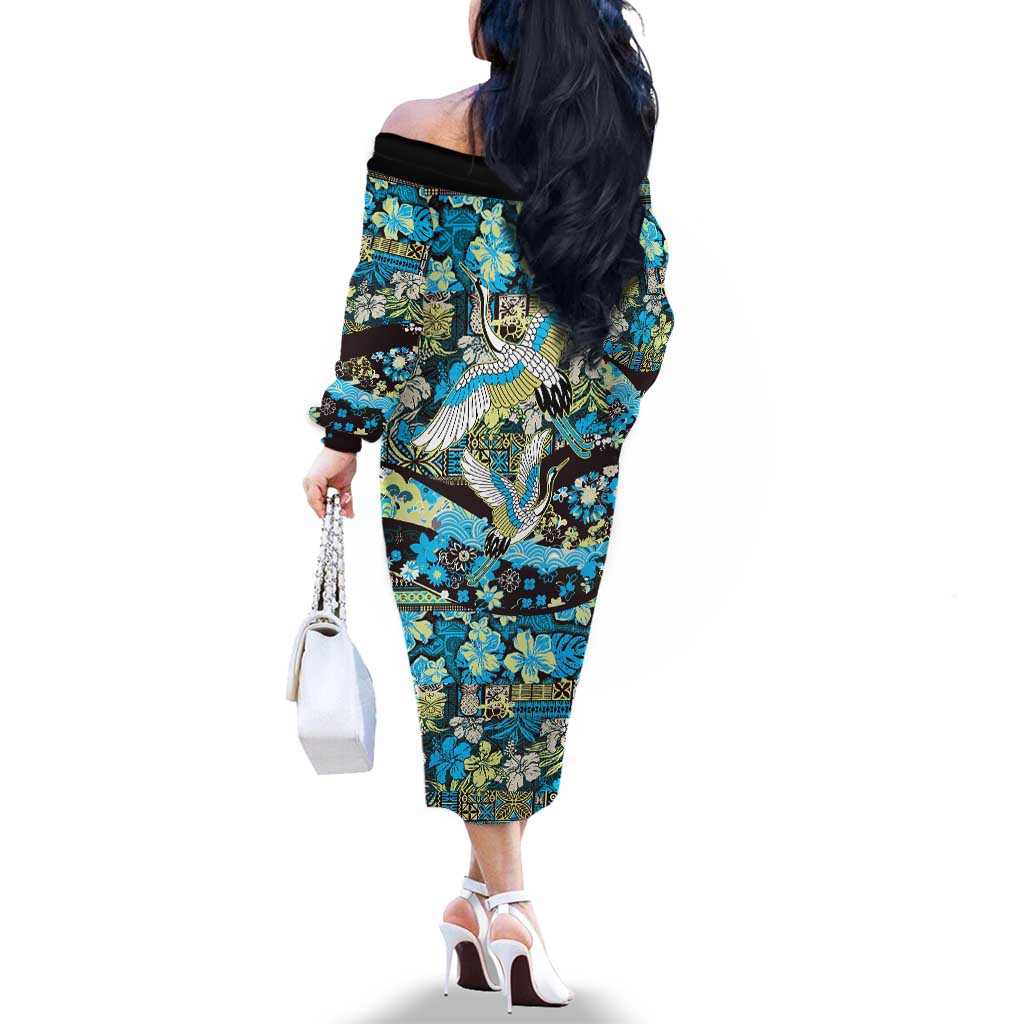 Japanese Hawaiian Crane Family Matching Off The Shoulder Long Sleeve Dress and Hawaiian Shirt Blue Tapa Patchwork Pattern