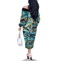 Japanese Hawaiian Crane Family Matching Off The Shoulder Long Sleeve Dress and Hawaiian Shirt Blue Tapa Patchwork Pattern