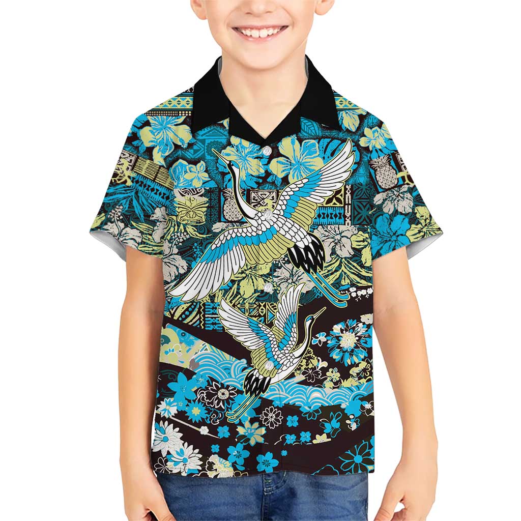 Japanese Hawaiian Crane Family Matching Off The Shoulder Long Sleeve Dress and Hawaiian Shirt Blue Tapa Patchwork Pattern