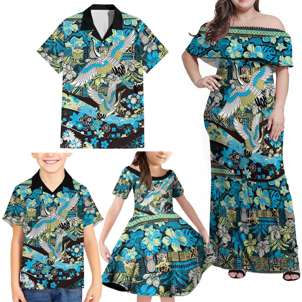 Japanese Hawaiian Crane Family Matching Off Shoulder Maxi Dress and Hawaiian Shirt Blue Tapa Patchwork Pattern LT9 - Polynesian Pride