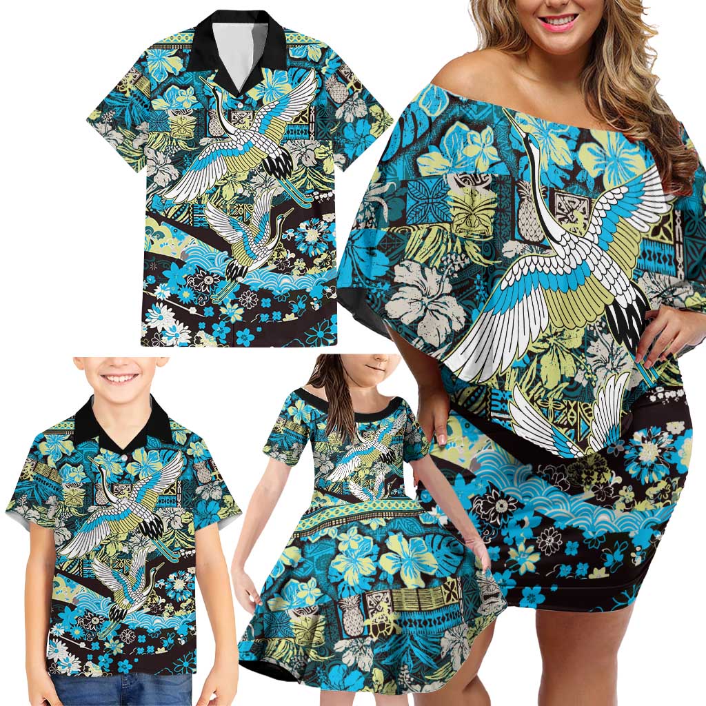 Japanese Hawaiian Crane Family Matching Off Shoulder Short Dress and Hawaiian Shirt Blue Tapa Patchwork Pattern LT9 - Polynesian Pride