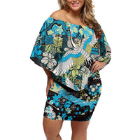Japanese Hawaiian Crane Family Matching Off Shoulder Short Dress and Hawaiian Shirt Blue Tapa Patchwork Pattern LT9 Mom's Dress Blue - Polynesian Pride