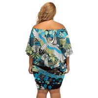 Japanese Hawaiian Crane Family Matching Off Shoulder Short Dress and Hawaiian Shirt Blue Tapa Patchwork Pattern LT9 - Polynesian Pride