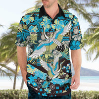 Japanese Hawaiian Crane Hawaiian Shirt Blue Tapa Patchwork Pattern
