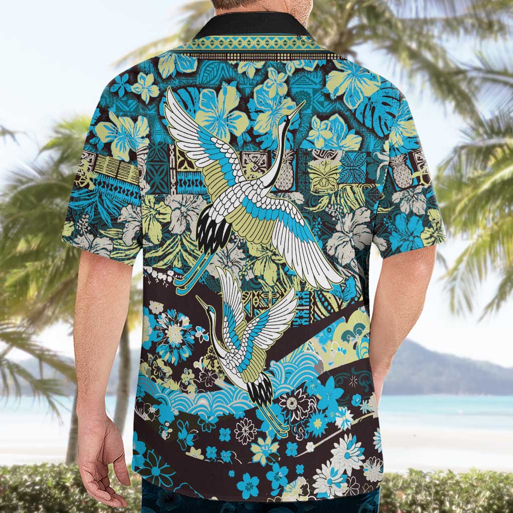 Japanese Hawaiian Crane Hawaiian Shirt Blue Tapa Patchwork Pattern