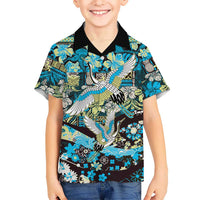 Japanese Hawaiian Crane Hawaiian Shirt Blue Tapa Patchwork Pattern