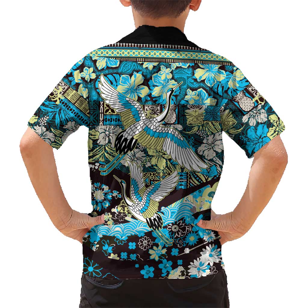 Japanese Hawaiian Crane Hawaiian Shirt Blue Tapa Patchwork Pattern