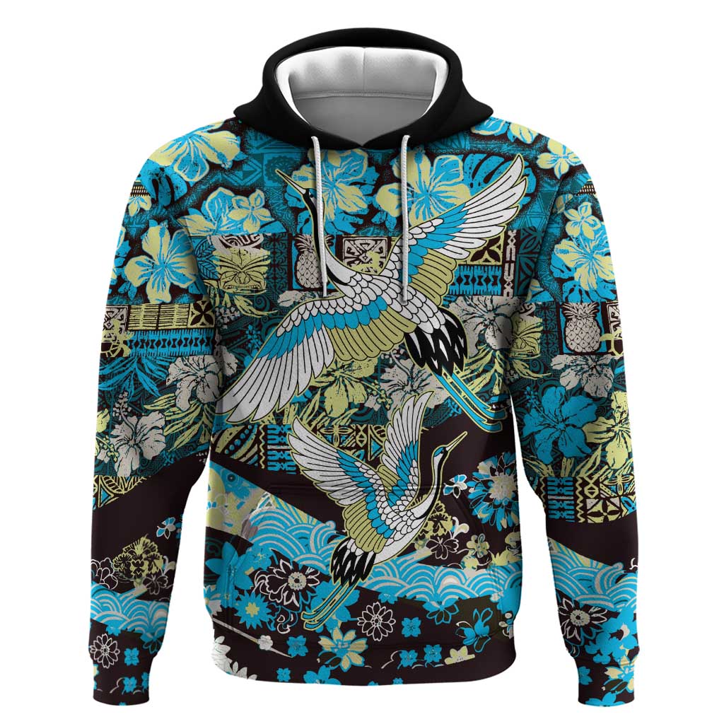 Japanese Hawaiian Crane Hoodie Blue Tapa Patchwork Pattern LT9 Pullover Hoodie Blue - Polynesian Pride