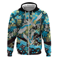 Japanese Hawaiian Crane Hoodie Blue Tapa Patchwork Pattern LT9 Zip Hoodie Blue - Polynesian Pride