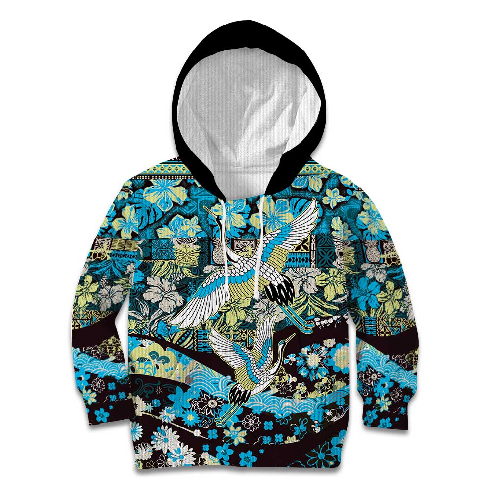 Japanese Hawaiian Crane Kid Hoodie Blue Tapa Patchwork Pattern
