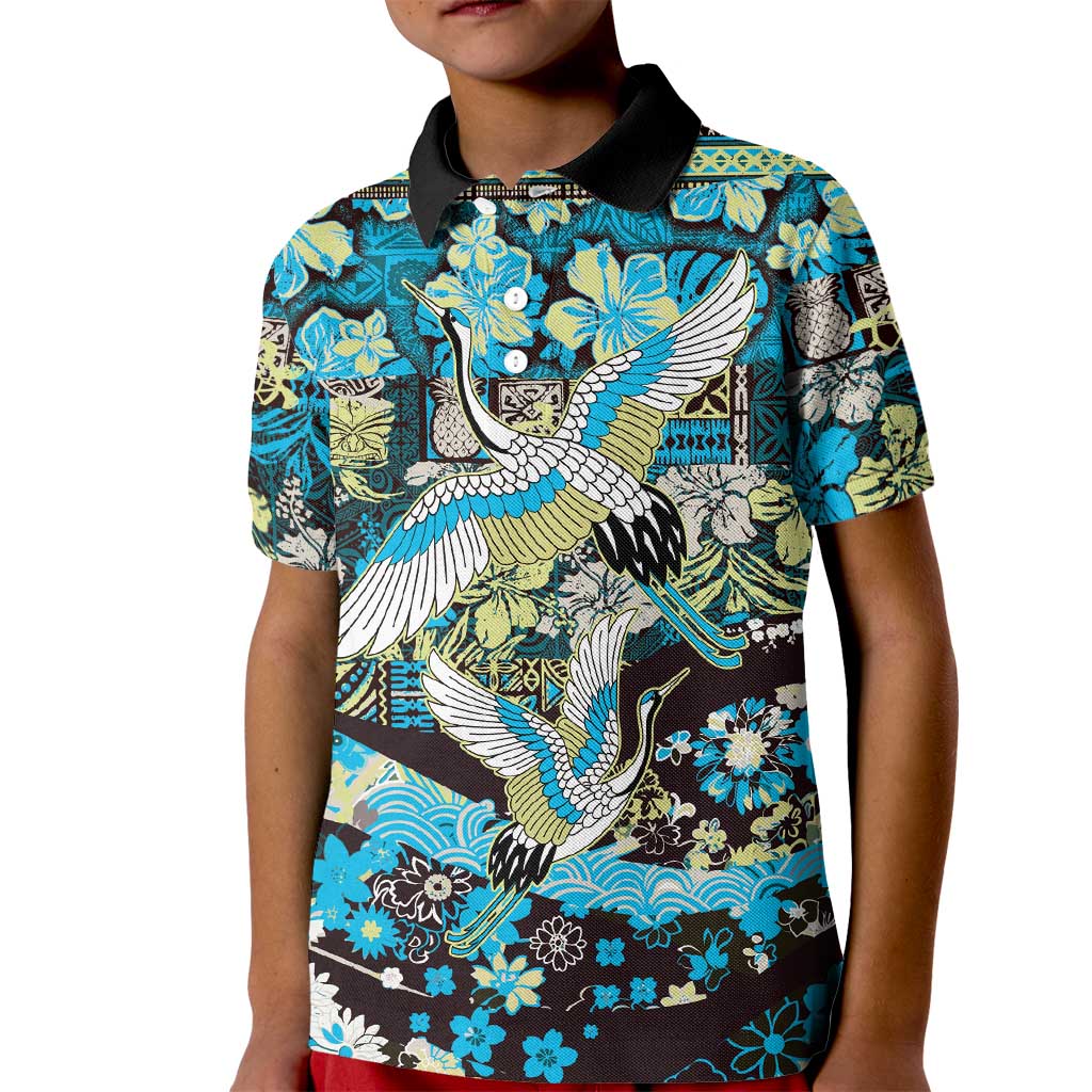 Japanese Hawaiian Crane Kid Polo Shirt Blue Tapa Patchwork Pattern