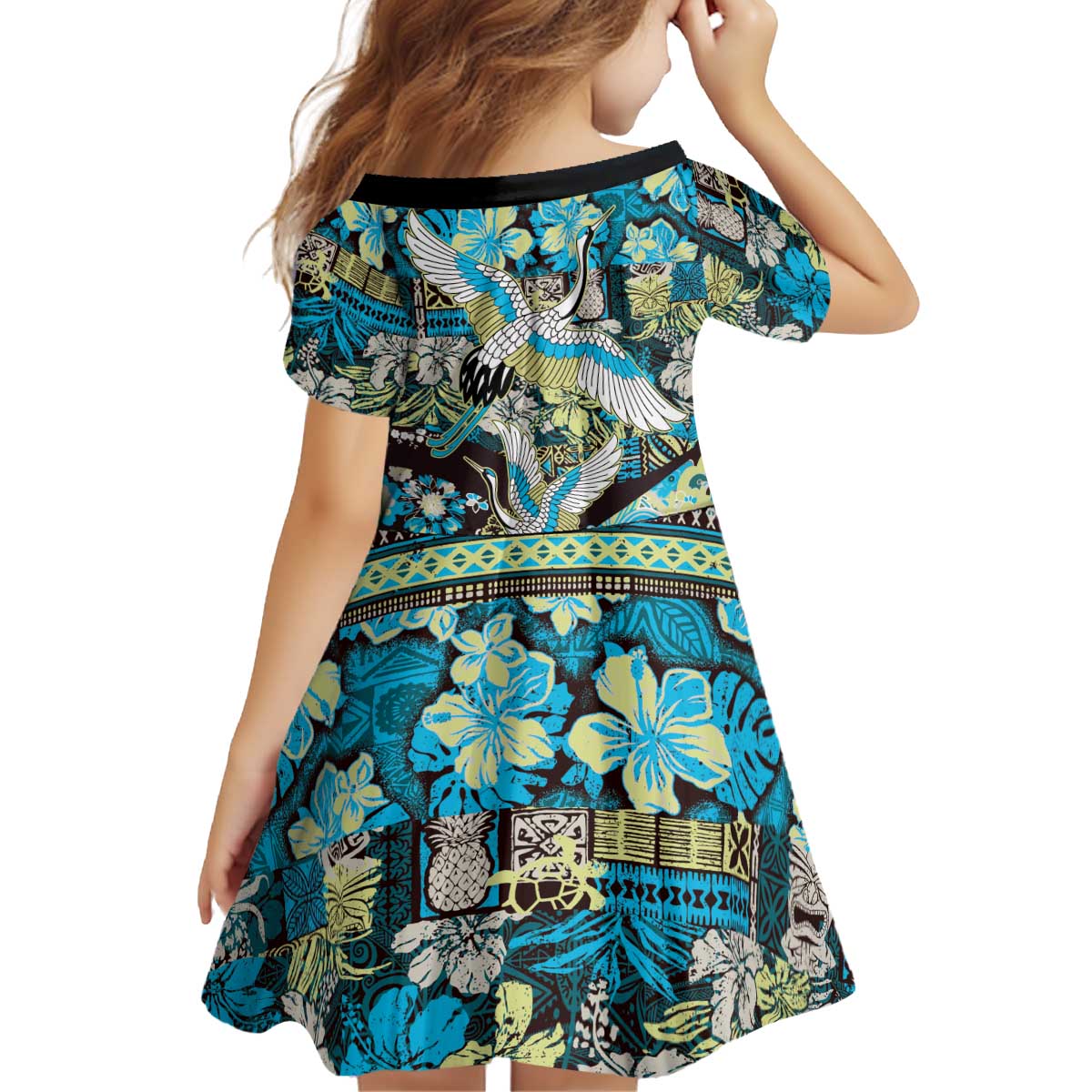 Japanese Hawaiian Crane Kid Short Sleeve Dress Blue Tapa Patchwork Pattern LT9 - Polynesian Pride