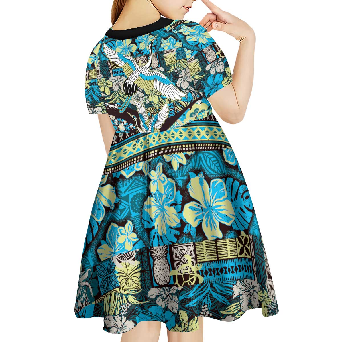 Japanese Hawaiian Crane Kid Short Sleeve Dress Blue Tapa Patchwork Pattern LT9 - Polynesian Pride