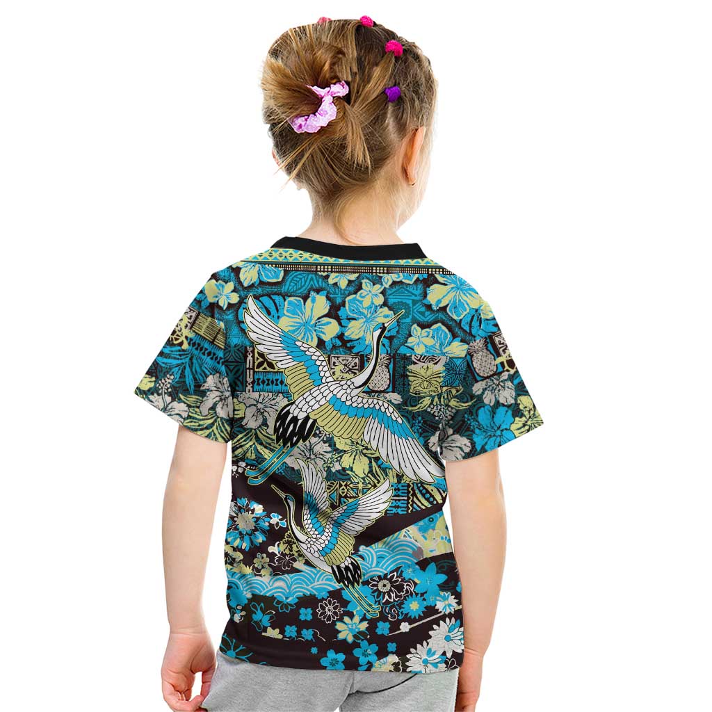 Japanese Hawaiian Crane Kid T Shirt Blue Tapa Patchwork Pattern LT9 - Polynesian Pride