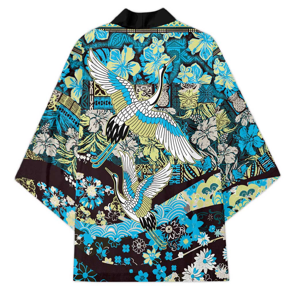Japanese Hawaiian Crane Kimono Blue Tapa Patchwork Pattern LT9 - Polynesian Pride