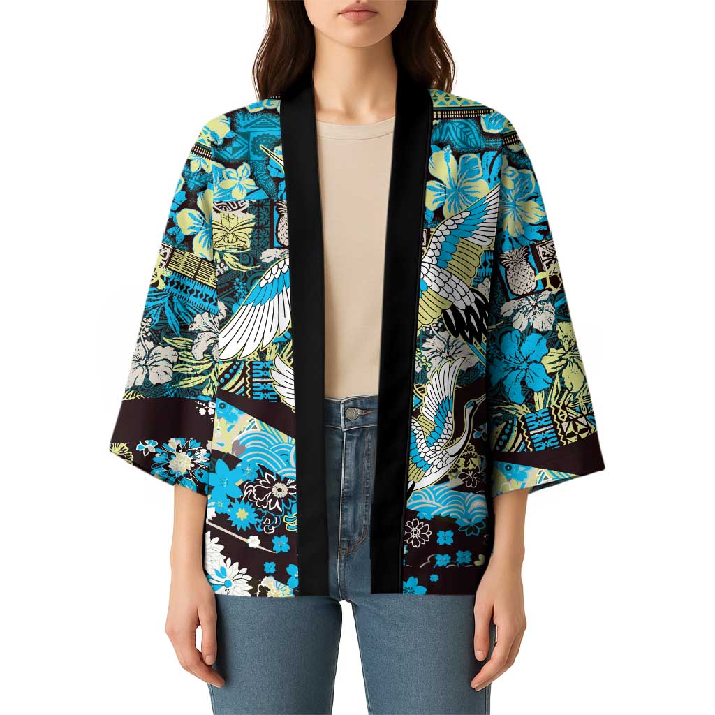 Japanese Hawaiian Crane Kimono Blue Tapa Patchwork Pattern LT9 - Polynesian Pride