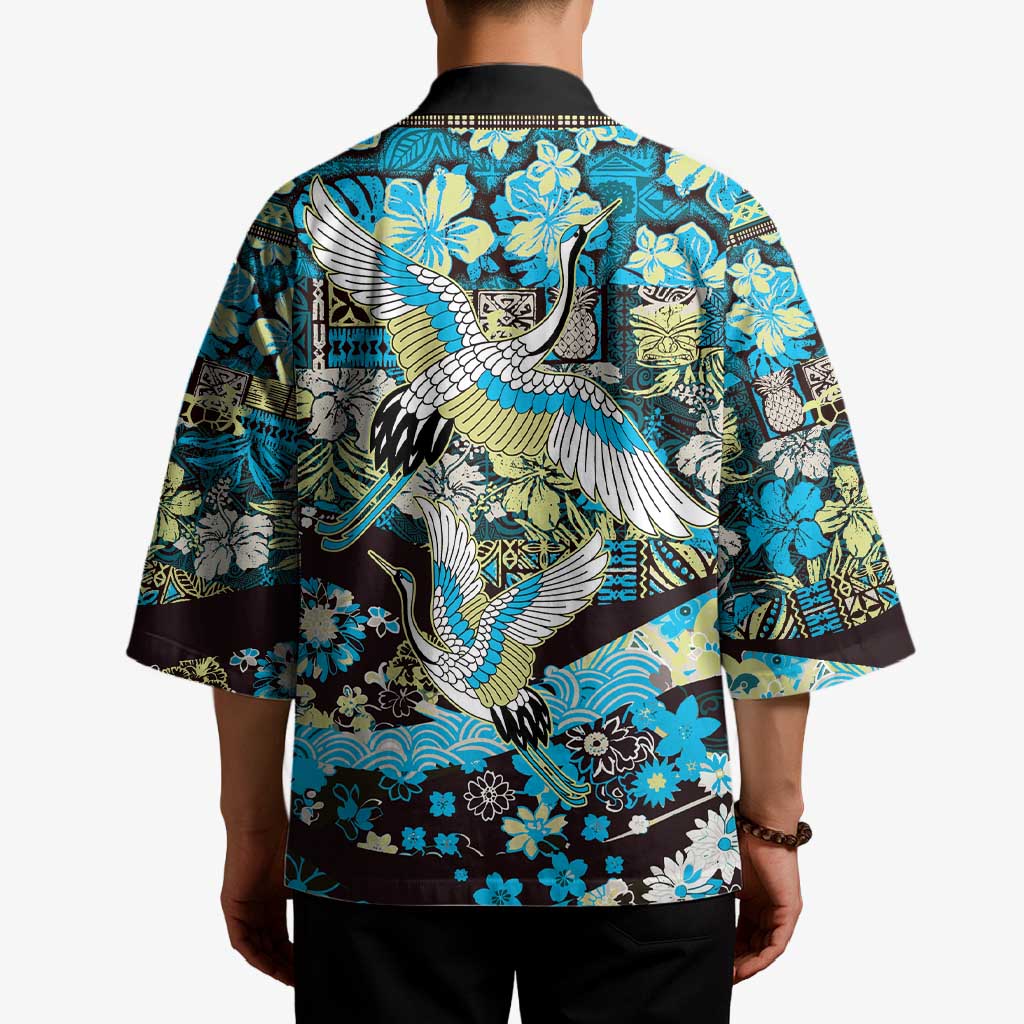 Japanese Hawaiian Crane Kimono Blue Tapa Patchwork Pattern LT9 - Polynesian Pride