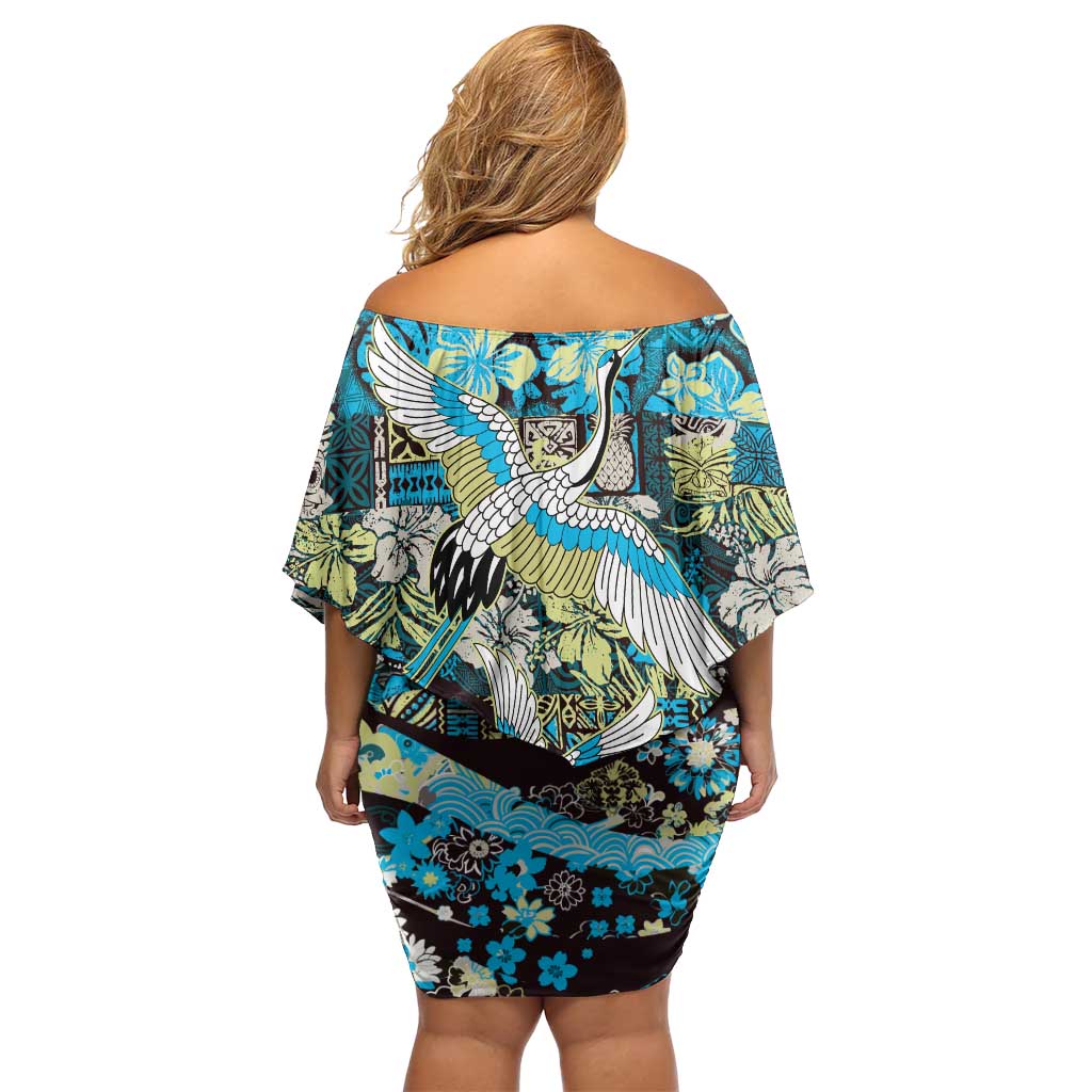 Japanese Hawaiian Crane Off Shoulder Short Dress Blue Tapa Patchwork Pattern LT9 - Polynesian Pride