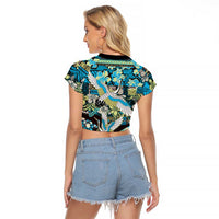 Japanese Hawaiian Crane Raglan Cropped T Shirt Blue Tapa Patchwork Pattern LT9 - Polynesian Pride