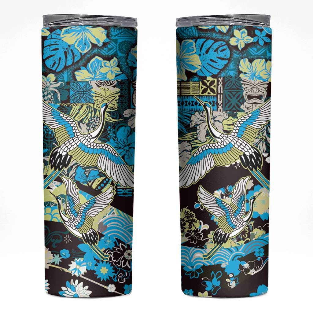 Japanese Hawaiian Crane Skinny Tumbler Blue Tapa Patchwork Pattern LT9 Blue - Polynesian Pride