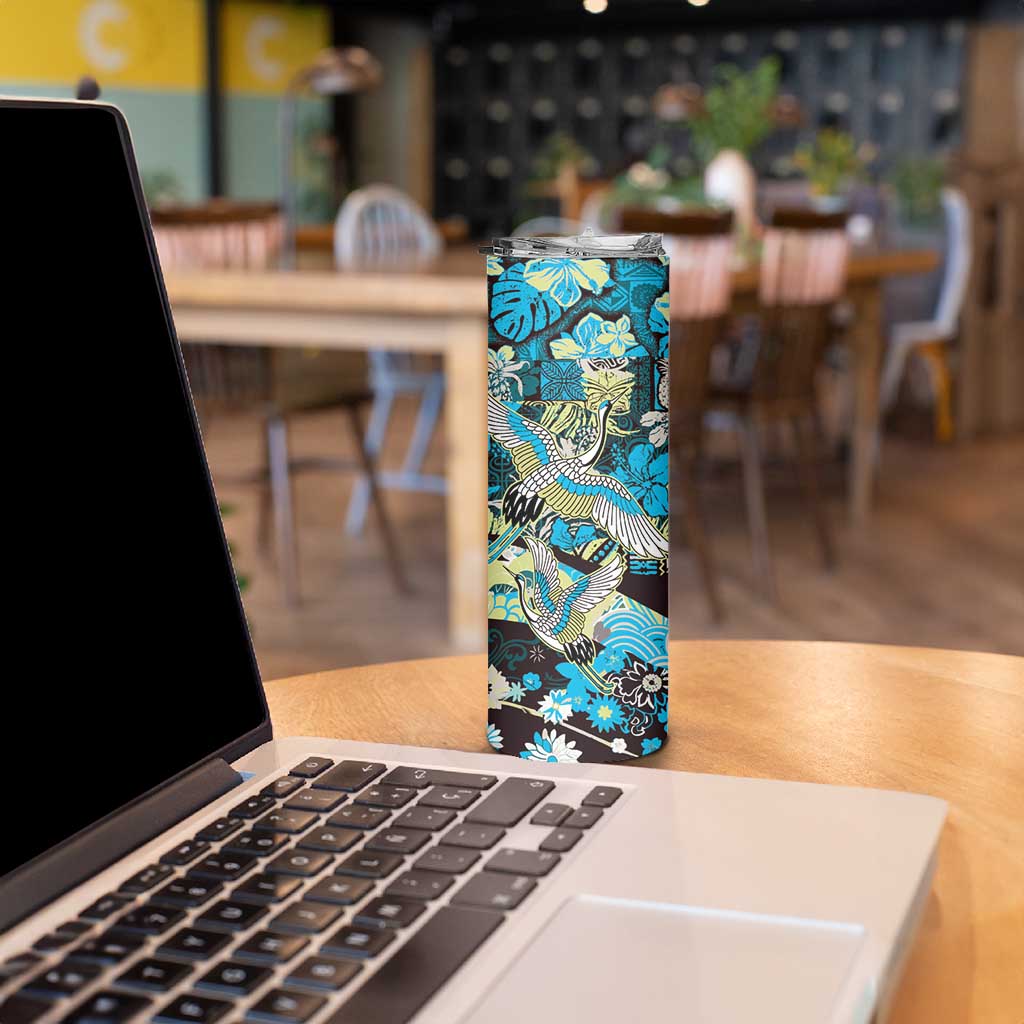 Japanese Hawaiian Crane Skinny Tumbler Blue Tapa Patchwork Pattern LT9 - Polynesian Pride