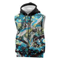 Japanese Hawaiian Crane Sleeveless Zip Hoodie Blue Tapa Patchwork Pattern
