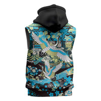 Japanese Hawaiian Crane Sleeveless Zip Hoodie Blue Tapa Patchwork Pattern