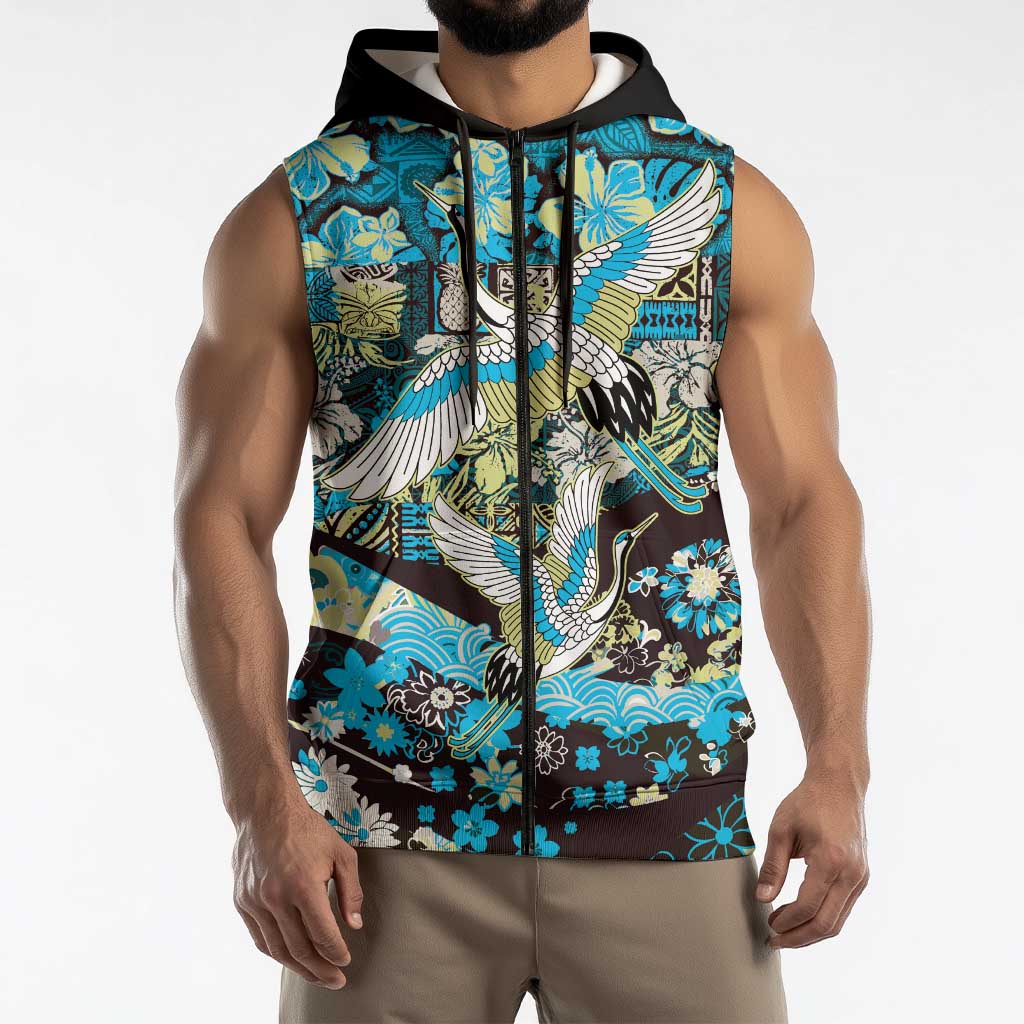 Japanese Hawaiian Crane Sleeveless Zip Hoodie Blue Tapa Patchwork Pattern