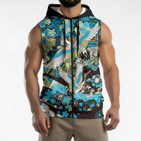 Japanese Hawaiian Crane Sleeveless Zip Hoodie Blue Tapa Patchwork Pattern