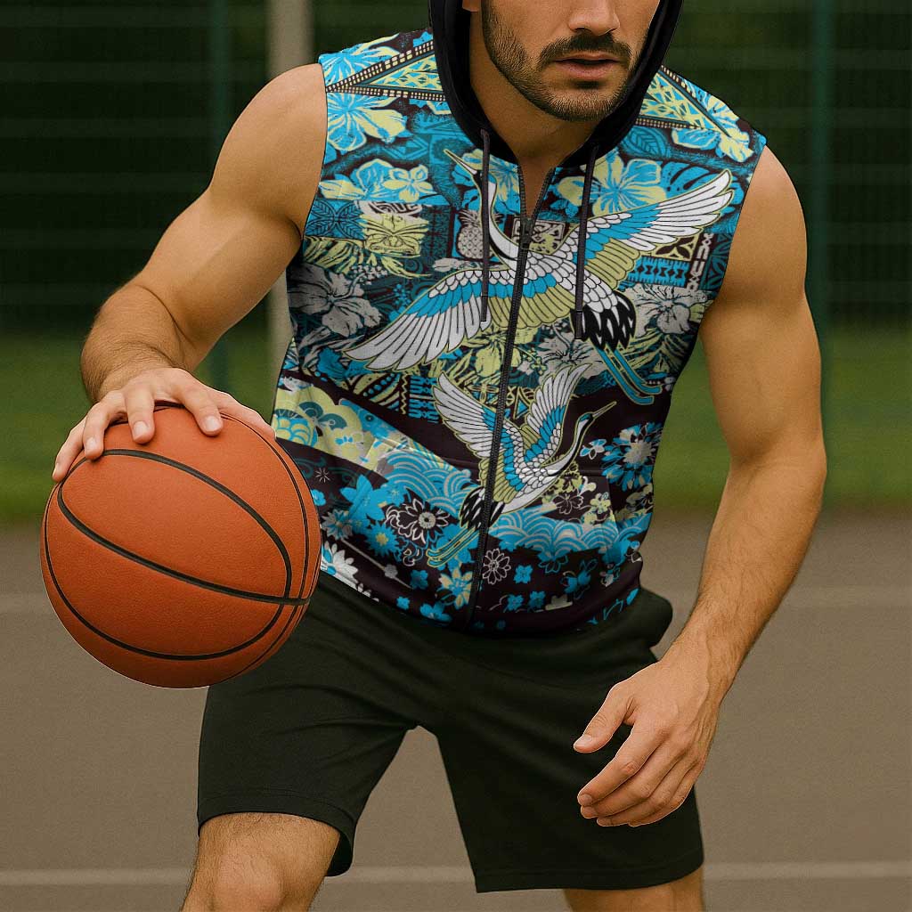 Japanese Hawaiian Crane Sleeveless Zip Hoodie Blue Tapa Patchwork Pattern