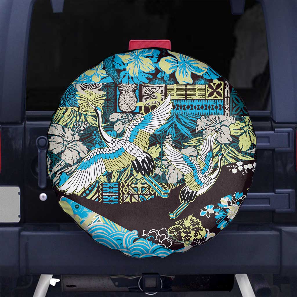 Japanese Hawaiian Crane Spare Tire Cover Blue Tapa Patchwork Pattern LT9 No hole Blue - Polynesian Pride