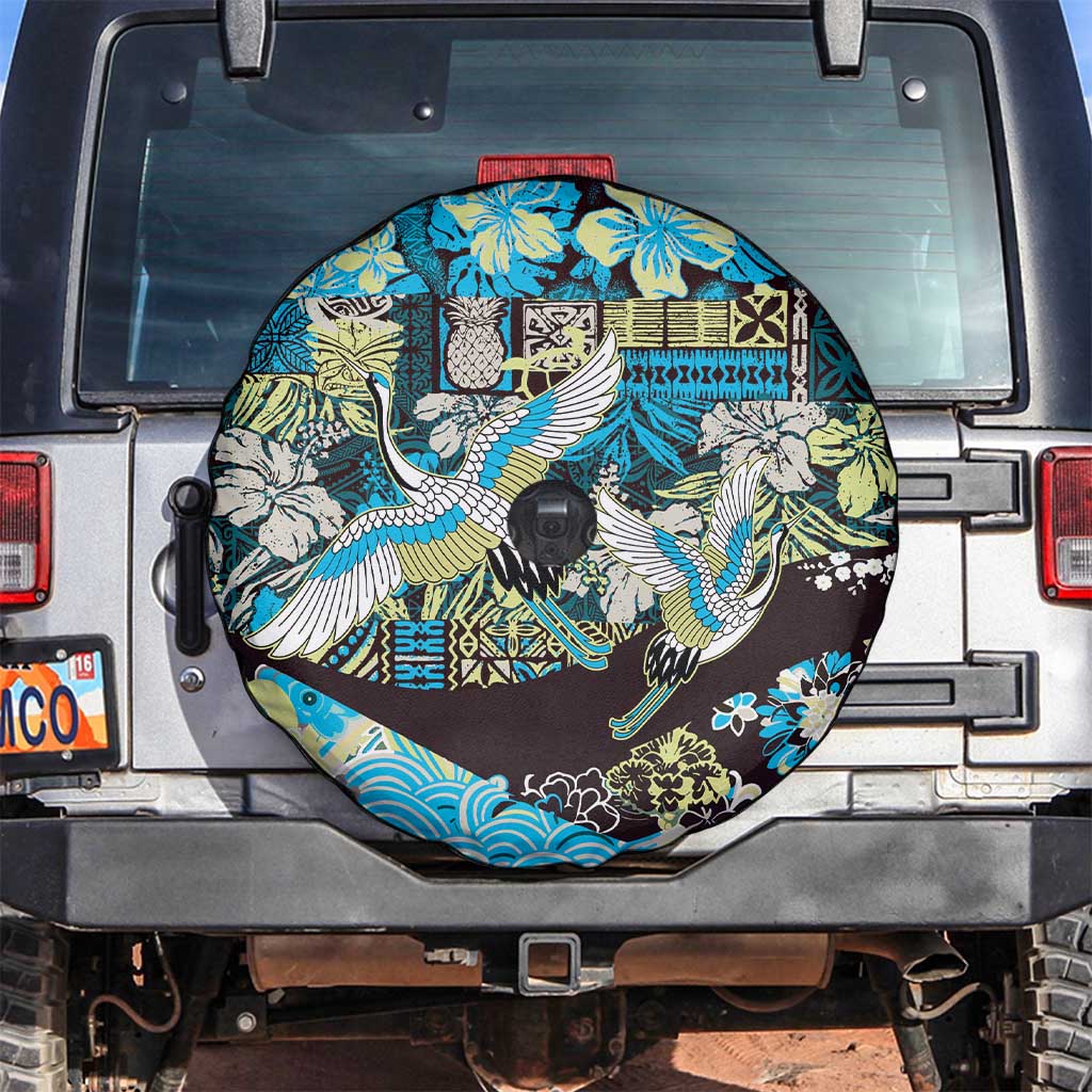 Japanese Hawaiian Crane Spare Tire Cover Blue Tapa Patchwork Pattern LT9 Blue - Polynesian Pride