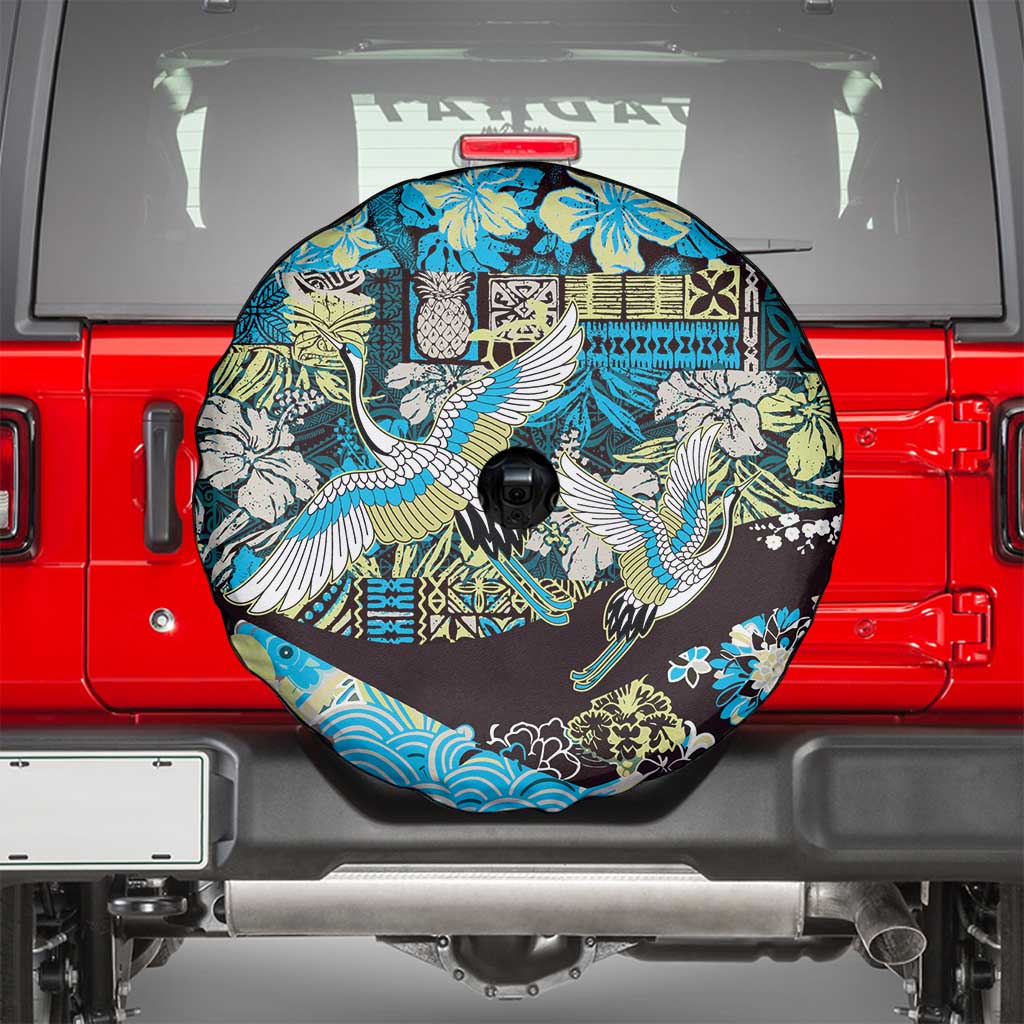 Japanese Hawaiian Crane Spare Tire Cover Blue Tapa Patchwork Pattern LT9 - Polynesian Pride