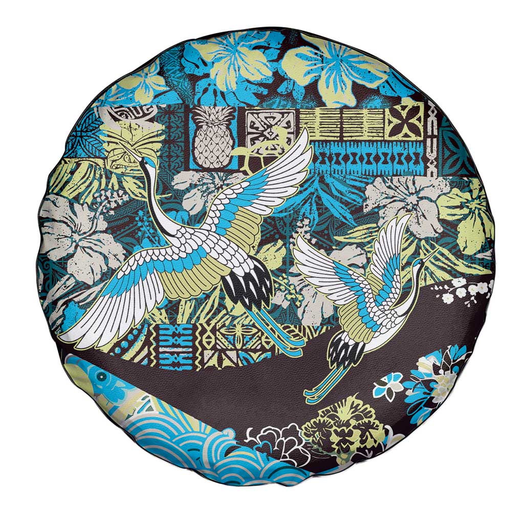 Japanese Hawaiian Crane Spare Tire Cover Blue Tapa Patchwork Pattern LT9 - Polynesian Pride