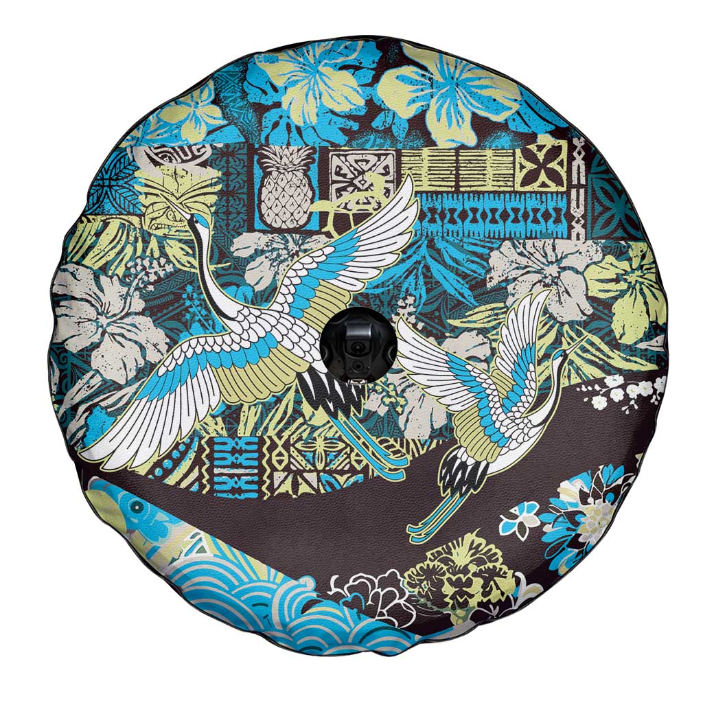 Japanese Hawaiian Crane Spare Tire Cover Blue Tapa Patchwork Pattern LT9 - Polynesian Pride