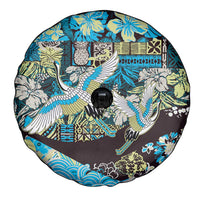 Japanese Hawaiian Crane Spare Tire Cover Blue Tapa Patchwork Pattern LT9 - Polynesian Pride