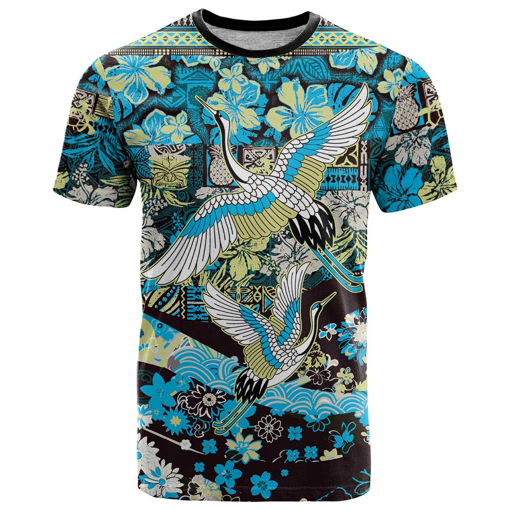 Japanese Hawaiian Crane T Shirt Blue Tapa Patchwork Pattern