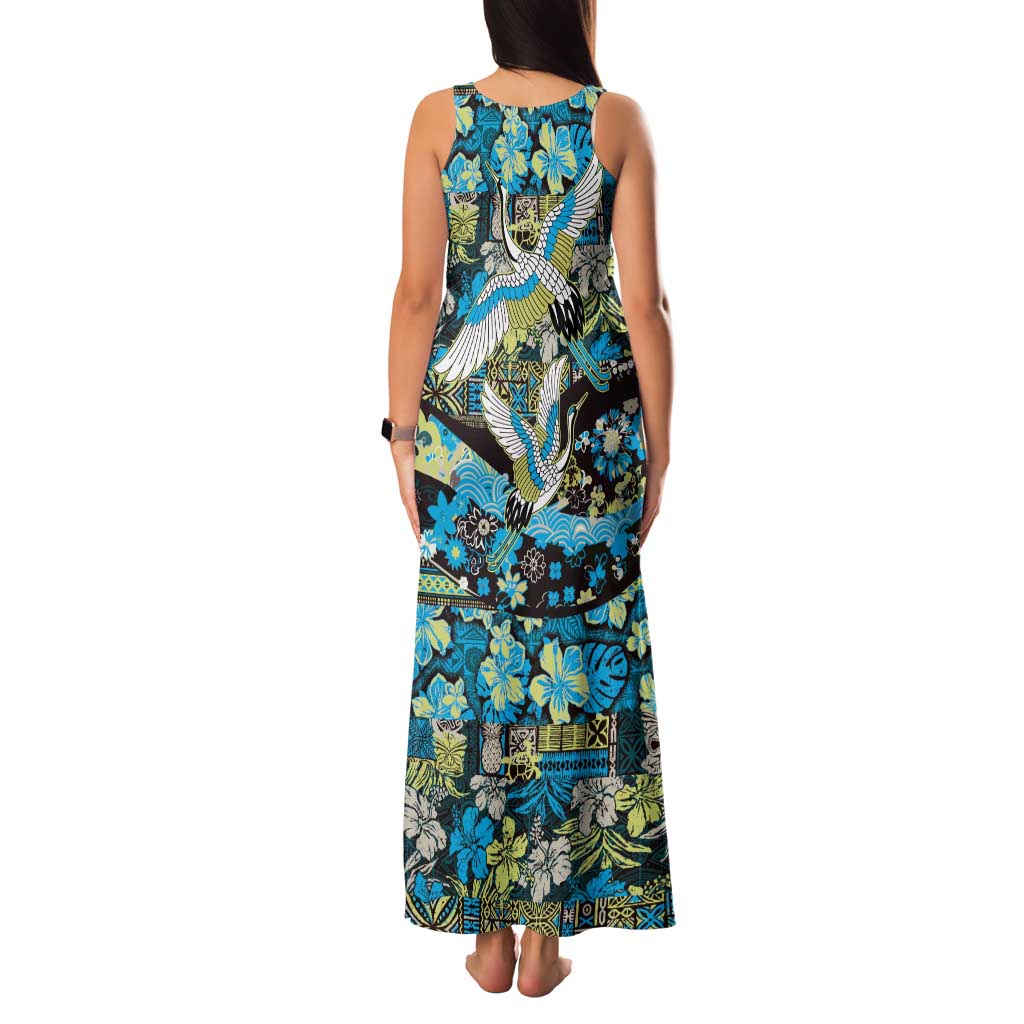 Japanese Hawaiian Crane Tank Maxi Dress Blue Tapa Patchwork Pattern LT9 - Polynesian Pride