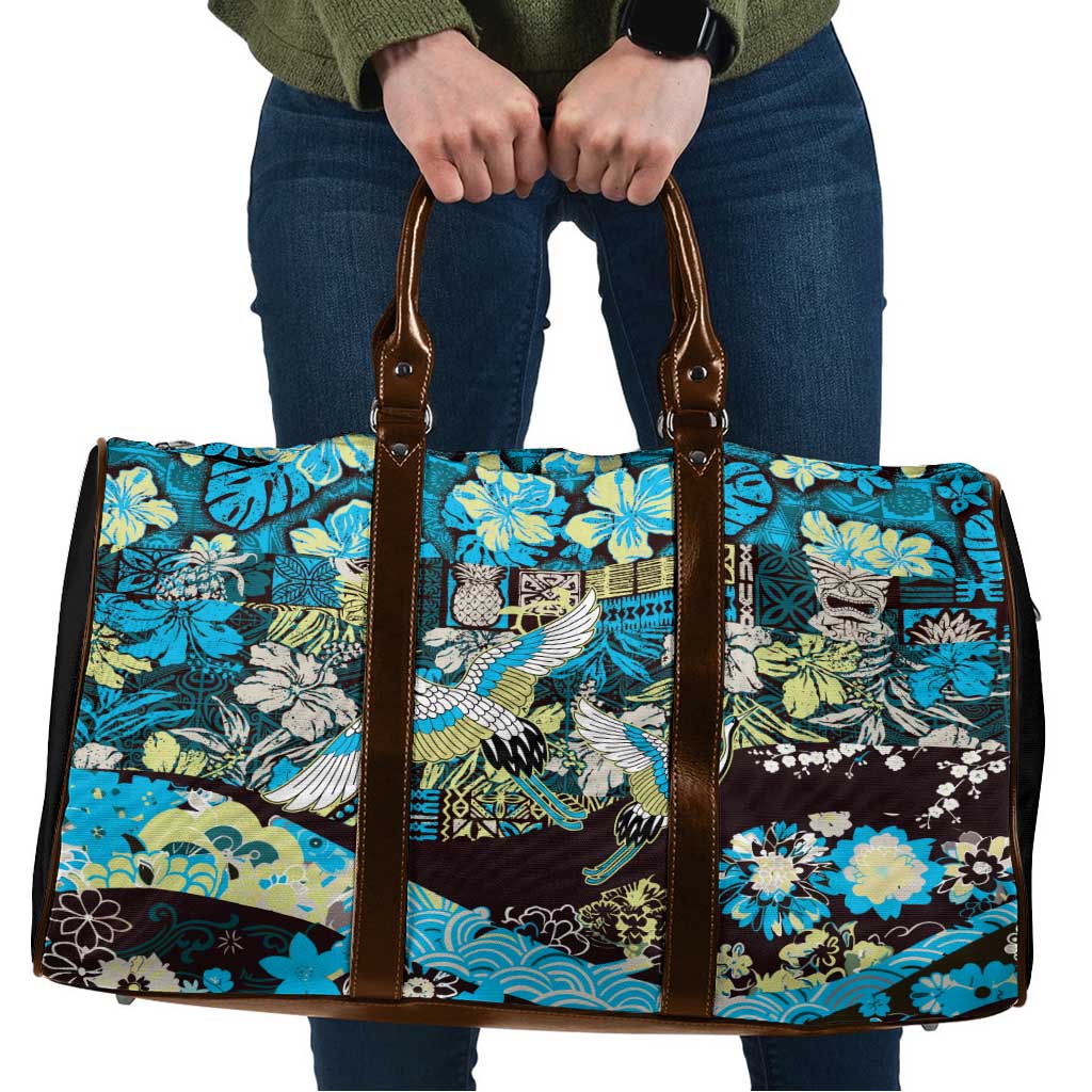 Japanese Hawaiian Crane Travel Bag Blue Tapa Patchwork Pattern LT9 Blue - Polynesian Pride
