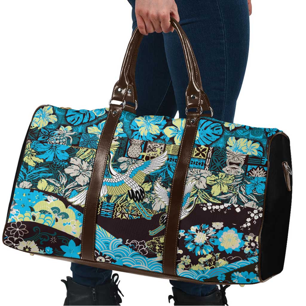 Japanese Hawaiian Crane Travel Bag Blue Tapa Patchwork Pattern LT9 - Polynesian Pride