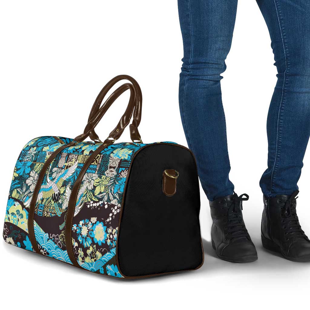 Japanese Hawaiian Crane Travel Bag Blue Tapa Patchwork Pattern LT9 - Polynesian Pride