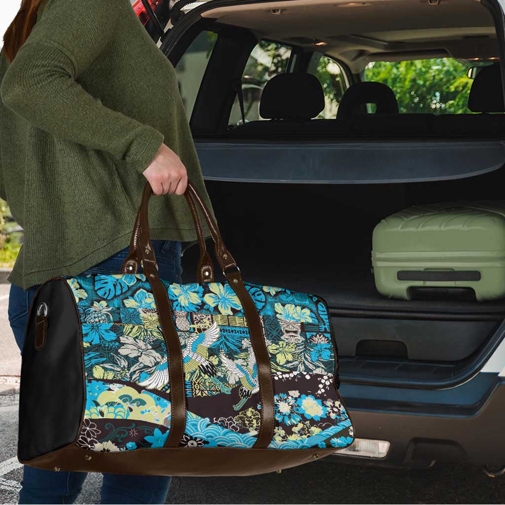 Japanese Hawaiian Crane Travel Bag Blue Tapa Patchwork Pattern LT9 - Polynesian Pride