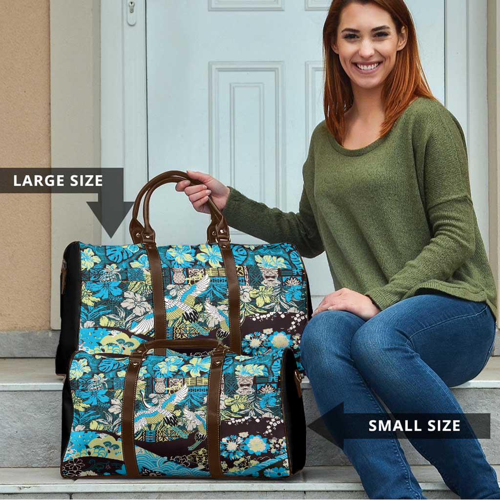 Japanese Hawaiian Crane Travel Bag Blue Tapa Patchwork Pattern LT9 - Polynesian Pride