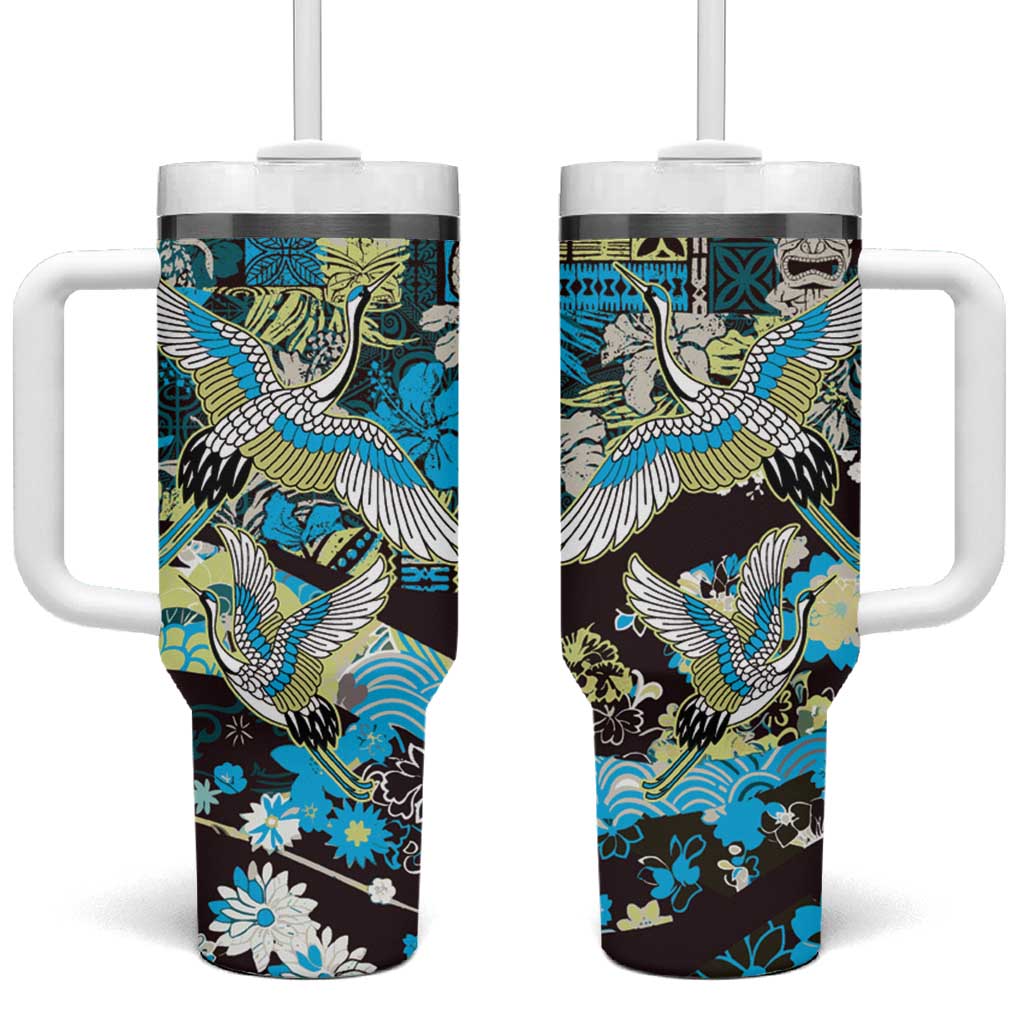 Japanese Hawaiian Crane Tumbler With Handle Blue Tapa Patchwork Pattern LT9 One Size: 40 oz Blue - Polynesian Pride