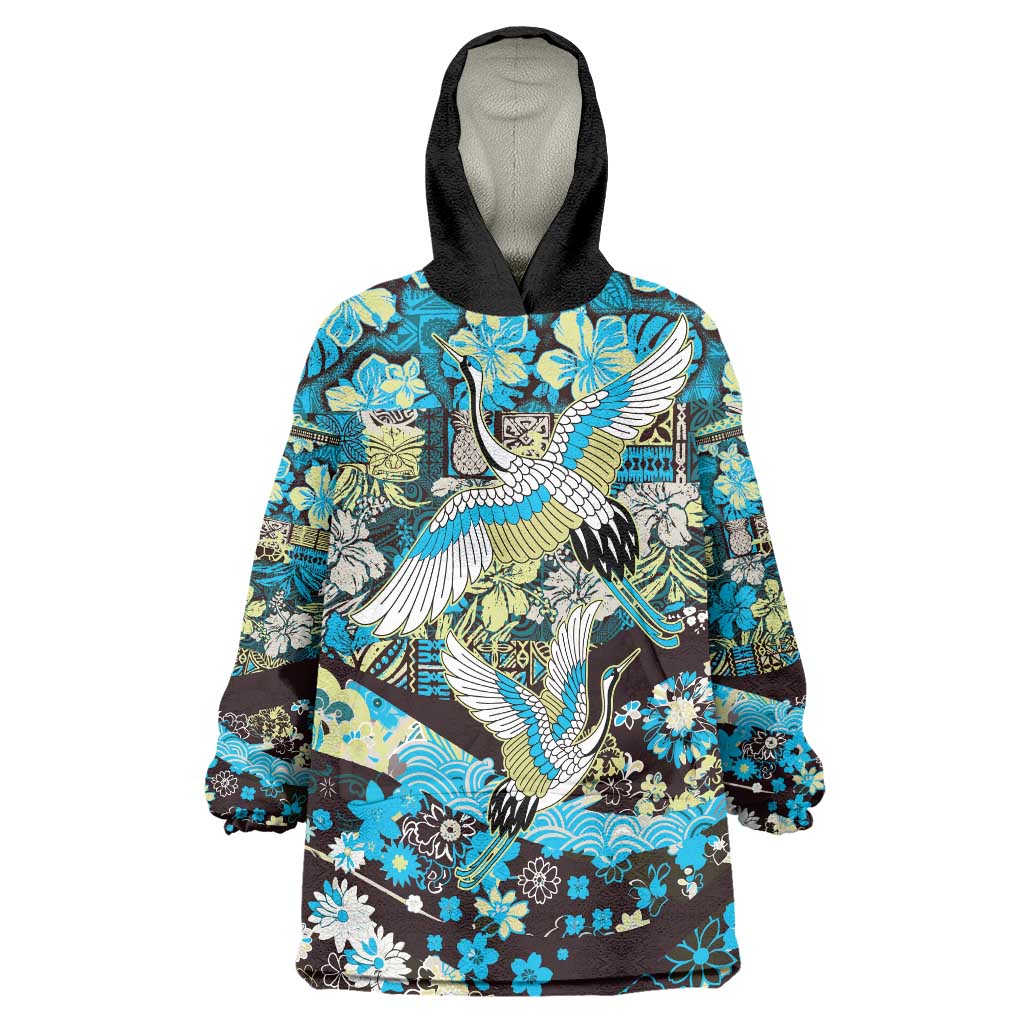 Japanese Hawaiian Crane Wearable Blanket Hoodie Blue Tapa Patchwork Pattern LT9 One Size Blue - Polynesian Pride