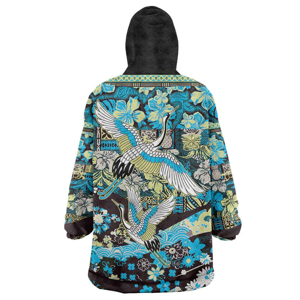 Japanese Hawaiian Crane Wearable Blanket Hoodie Blue Tapa Patchwork Pattern LT9 - Polynesian Pride